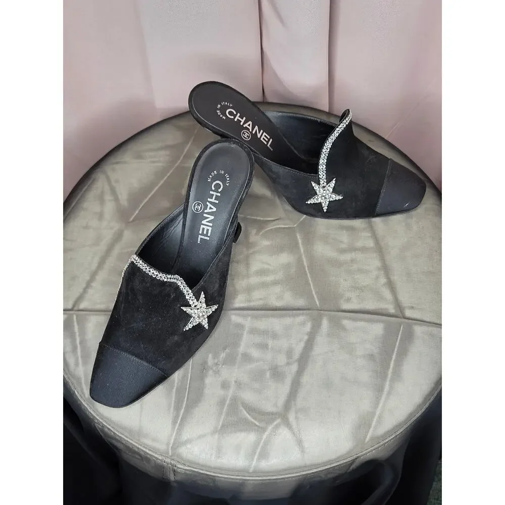 Chanel Suede Grosgrain Crystal Star Strass Mules- Black